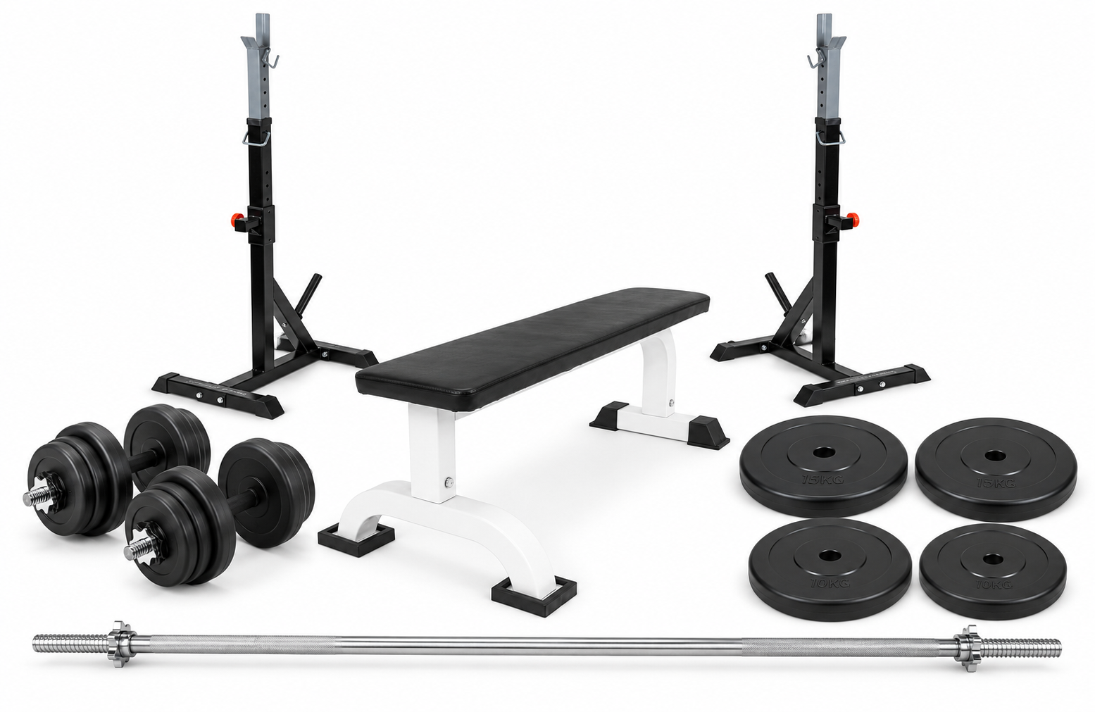 Hjemmetræningssæt Med Bænk Squat Rack Og Ca 90 Kg Vægte