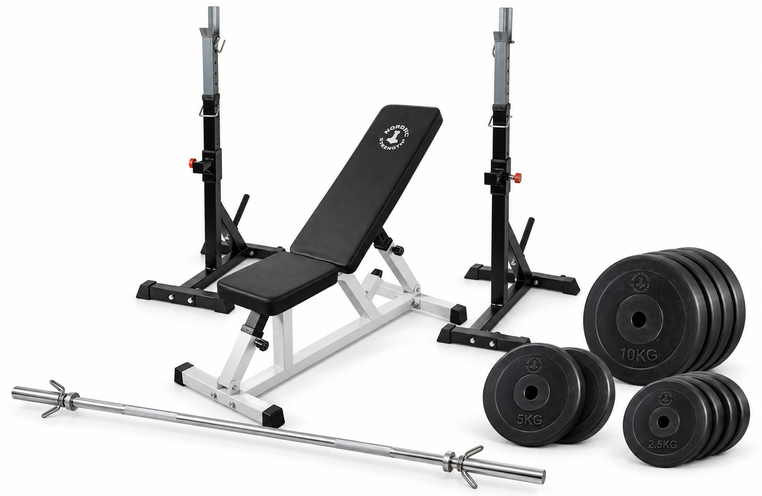 Hjemmetræningssæt Med Bænk Squat Rack Og 60 Kg Vægtskiver 30 Mm